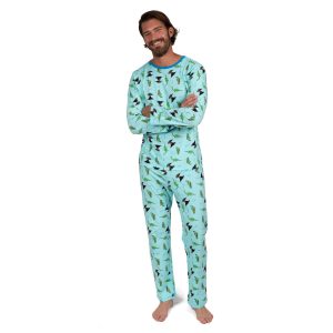 Herren zwei Stück Baumwolle lockere Passform Pyjamas Dinosaurier blau