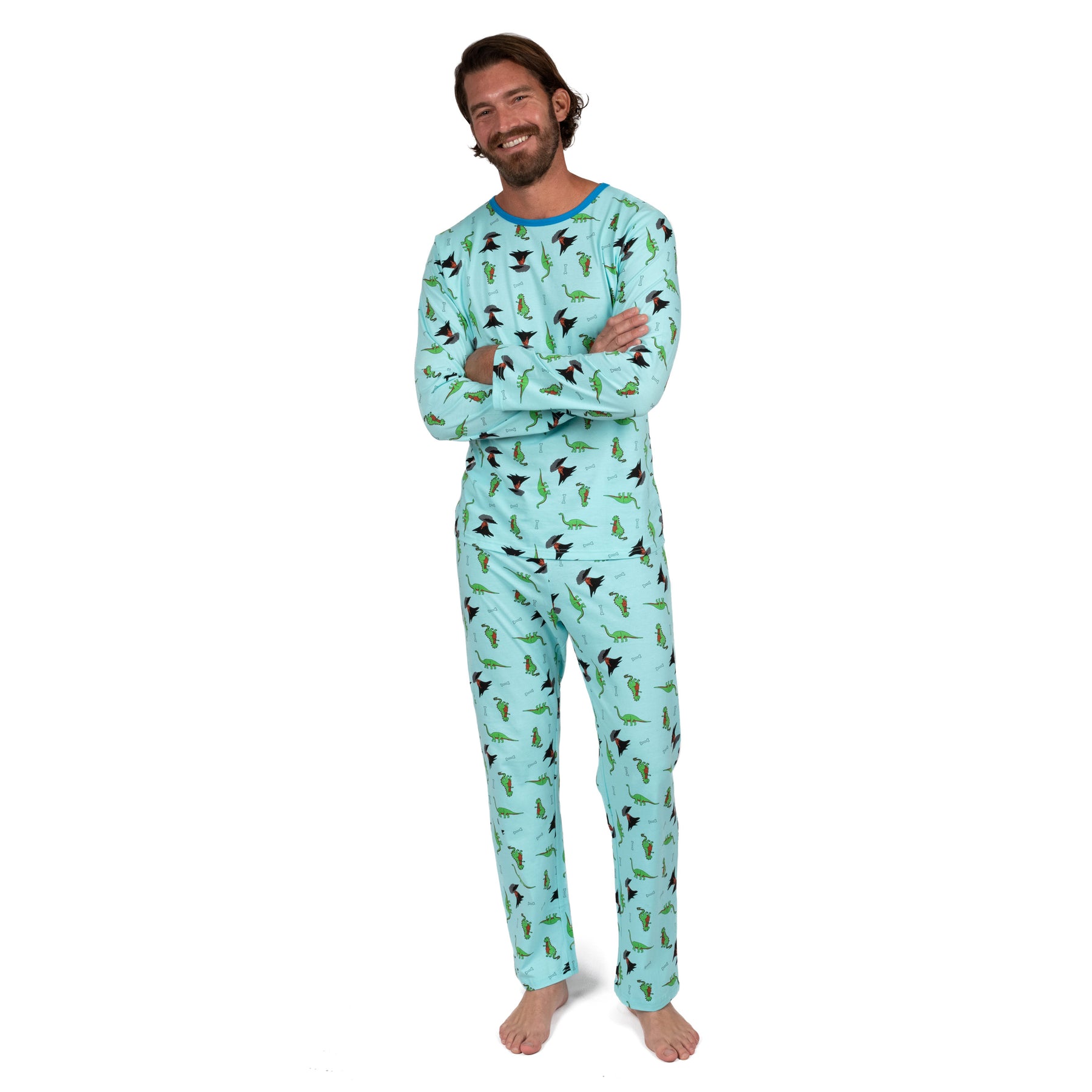 Herren zweiteilige Baumwolle locker Fit Pyjamas Dinosaurier blau