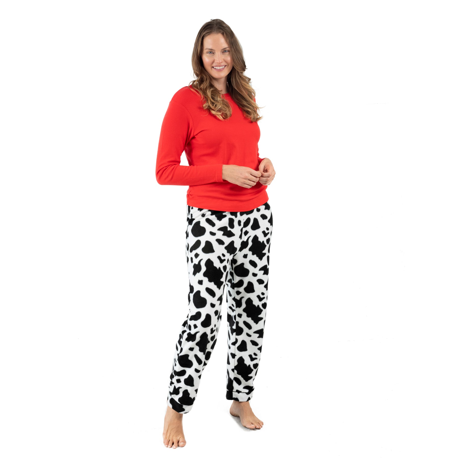 Damen Baumwoll Top und Fleece Hose Pyjamas Kuh Schwarz