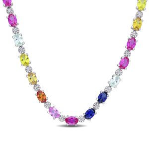 Mimi & Max 24 1/2 CT TGW Multi-Color Created Sapphire Tennis-Halskette aus Sterlingsilber