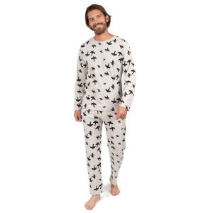 Herren zwei Stück Baumwolle lose Passform Pyjamas Vogel grau
