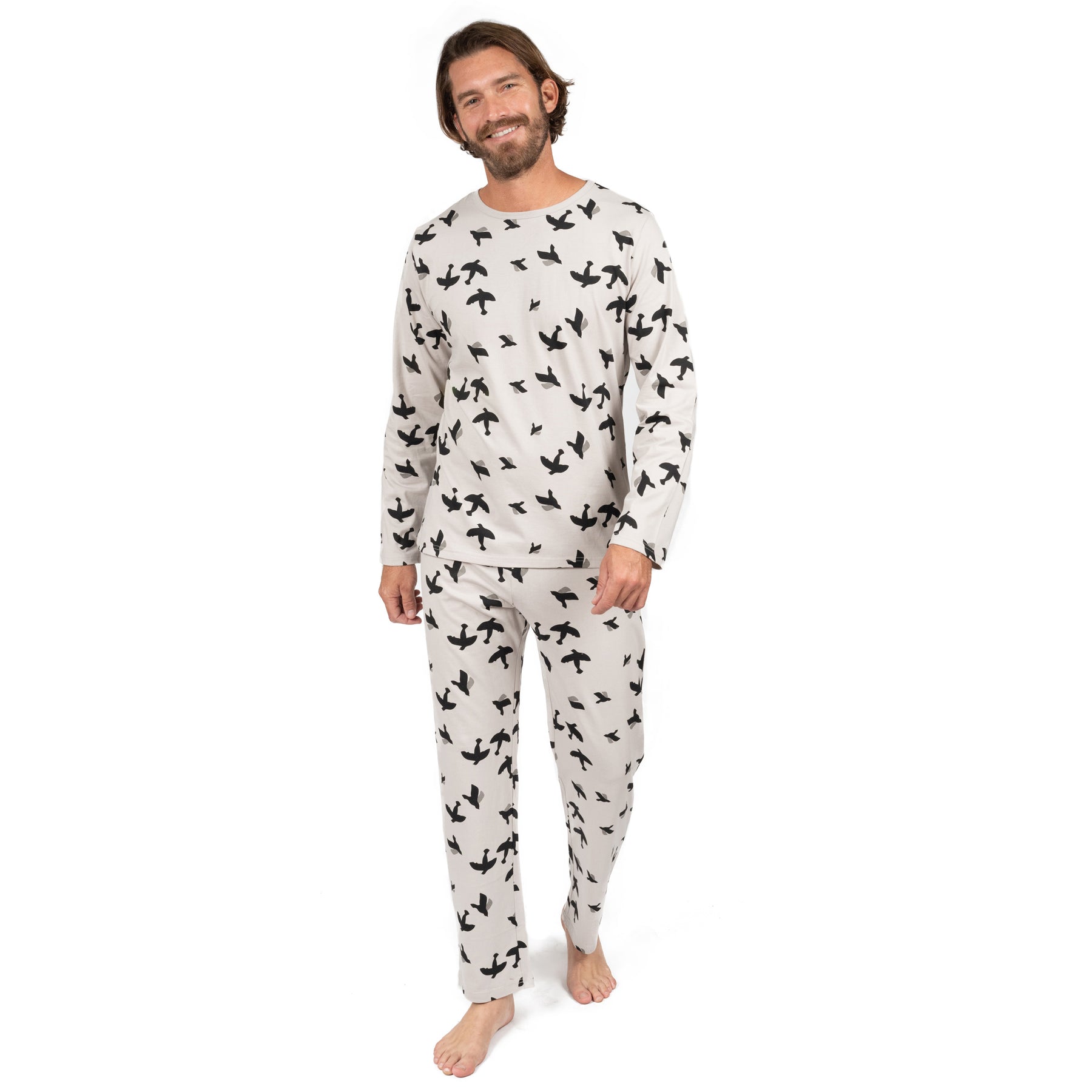Herren zweiteilige Baumwolle lose Fit Pyjamas Vogel grau