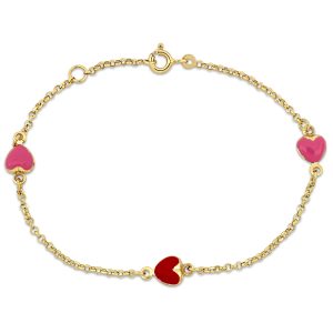 Mimi & Max Children’s rosa und rot Emaille Herz Charme Rolo Kettenglied Armband aus 14k Gelbgold – 6.5+0.5 in.