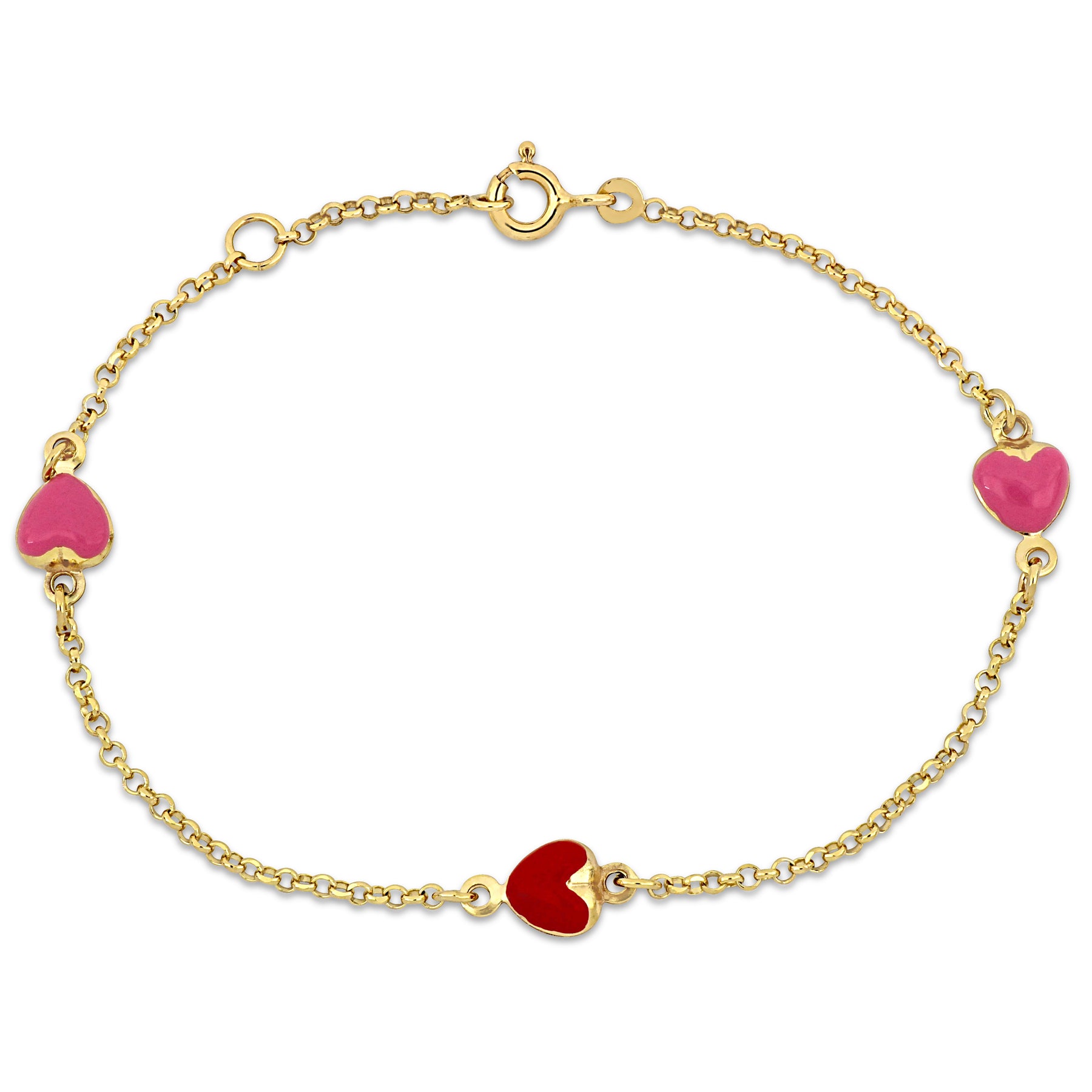 Mimi & Max Kinder Rosa und Rot Emaille Herz Charm Rolo Kette Gliederarmband in 14k Gelbgold – 6.5+0.5 in
