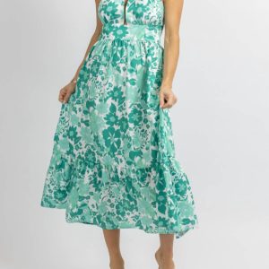 Halterneck Rüschen Midikleid in grün blumig