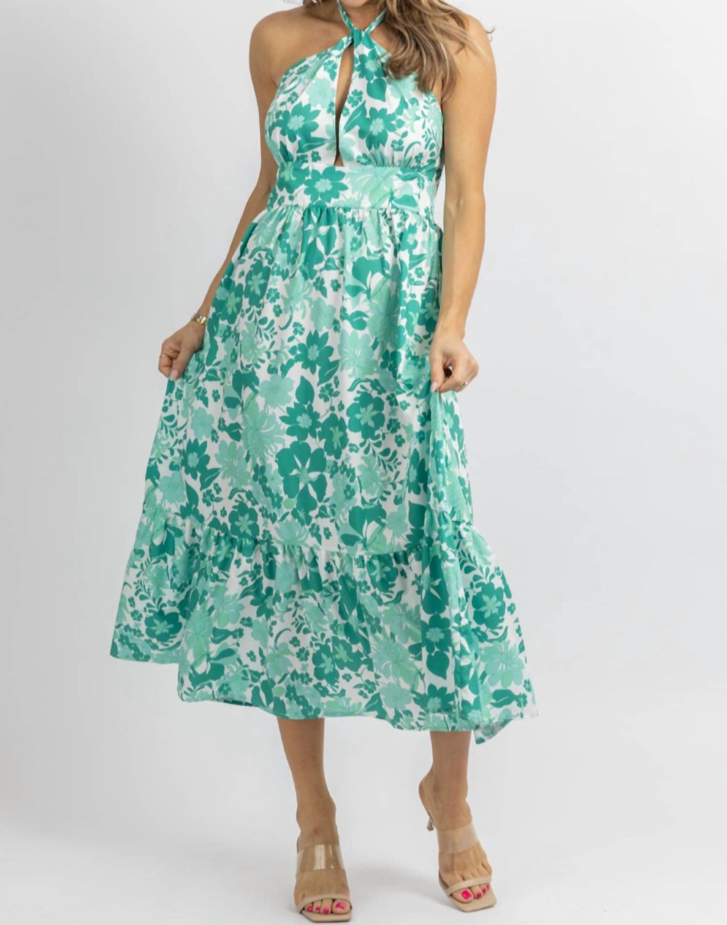 Neckholder Rüschen Midikleid in grün mit Blumenmuster