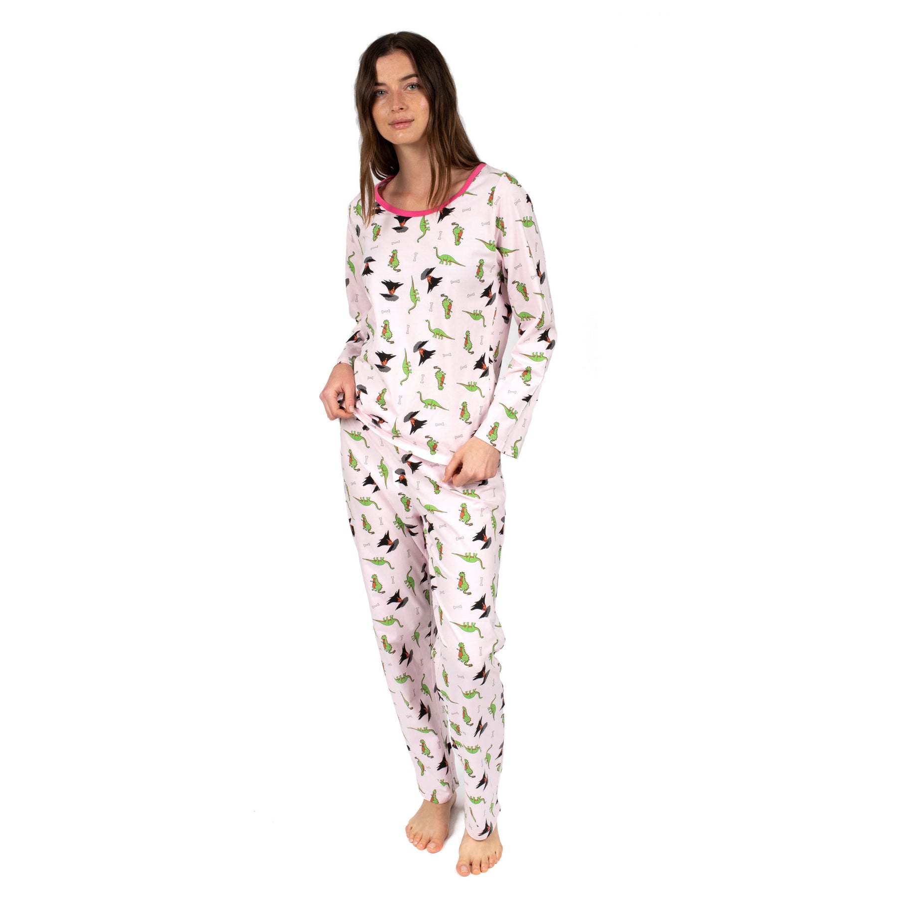Damen zweiteilige Baumwolle lose Fit Pyjamas Dinosaurier rosa