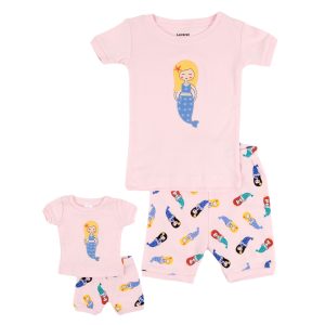 Mädchen und passende Puppe kurze Pyjama Meerjungfrau