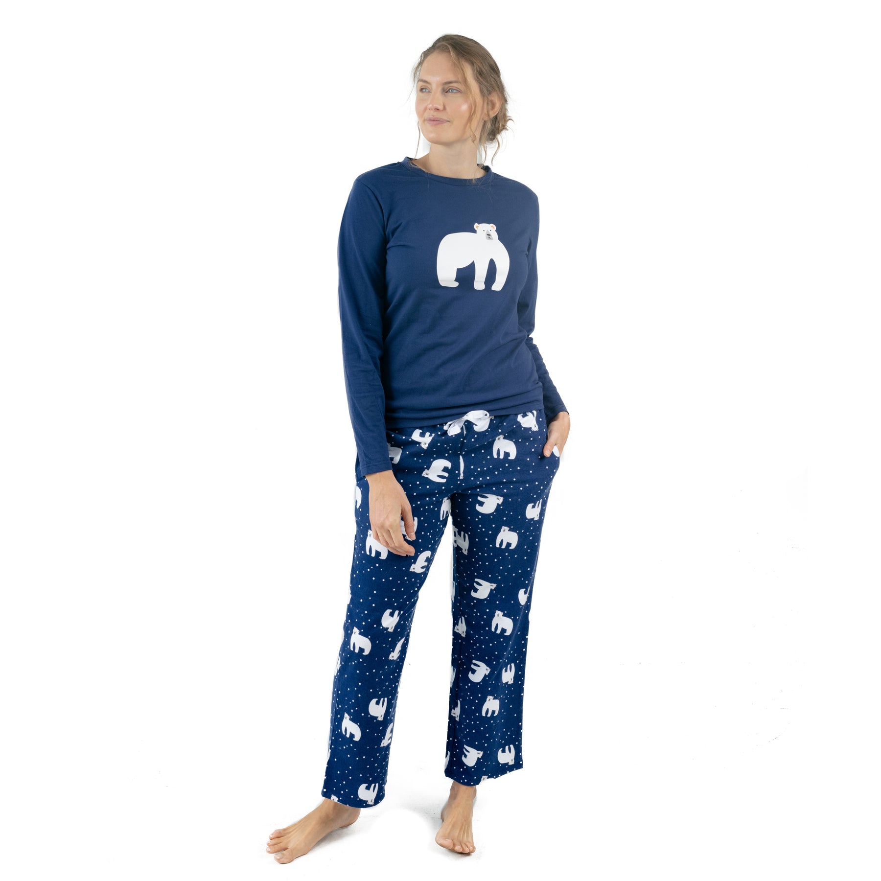 Weihnachten Damen Baumwolle Top Flanell Hose Pyjamas Eisbär
