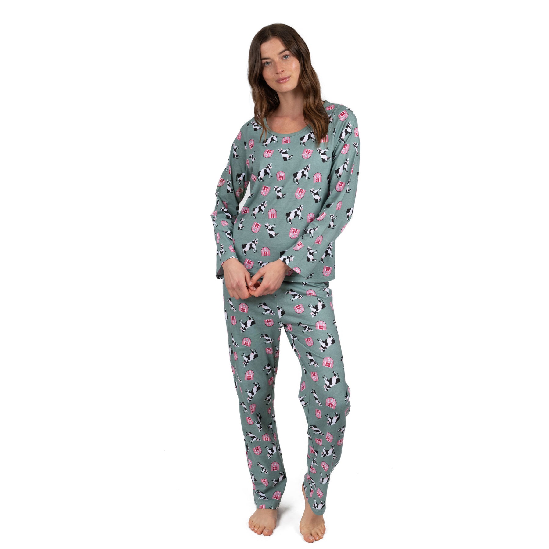 Damen zweiteilige Baumwolle locker Fit Pyjamas Kuh grün