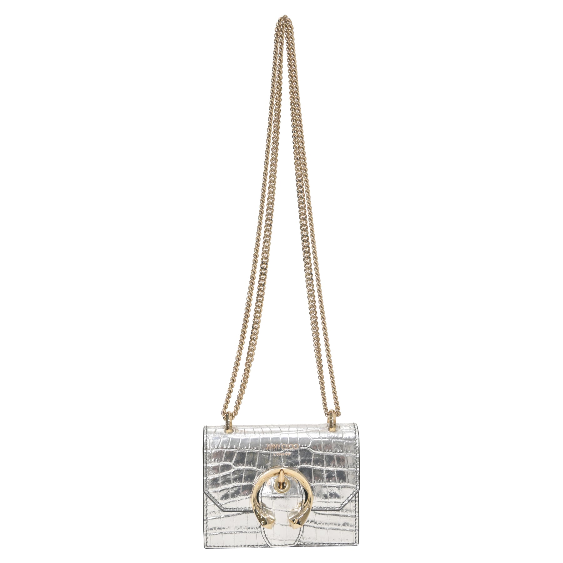 Jimmy Choo Mini Paris Metallic Croc-geprägte Super Mini Tasche aus silbernem Leder
