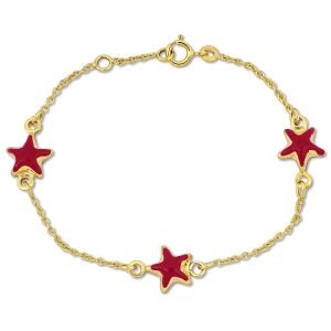 Mimi & Max Children’s Puff rosa Emaille Stern Charme rolo Kette Link Station Armband in 14k Gelbgold – 5+0,5 in.