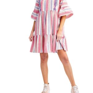 besticktes Boho Kleid in rosa Streifen 7670760996924