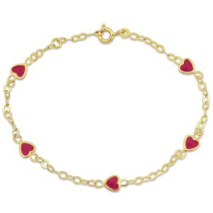Mimi & Max Children’s rosa Emaille Herz Charme Link Kette Station Armband in 14k Gelbgold – 7 in.