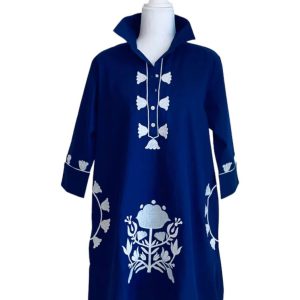 Camille besticktes Tunikakleid in Marineblau/Weiß