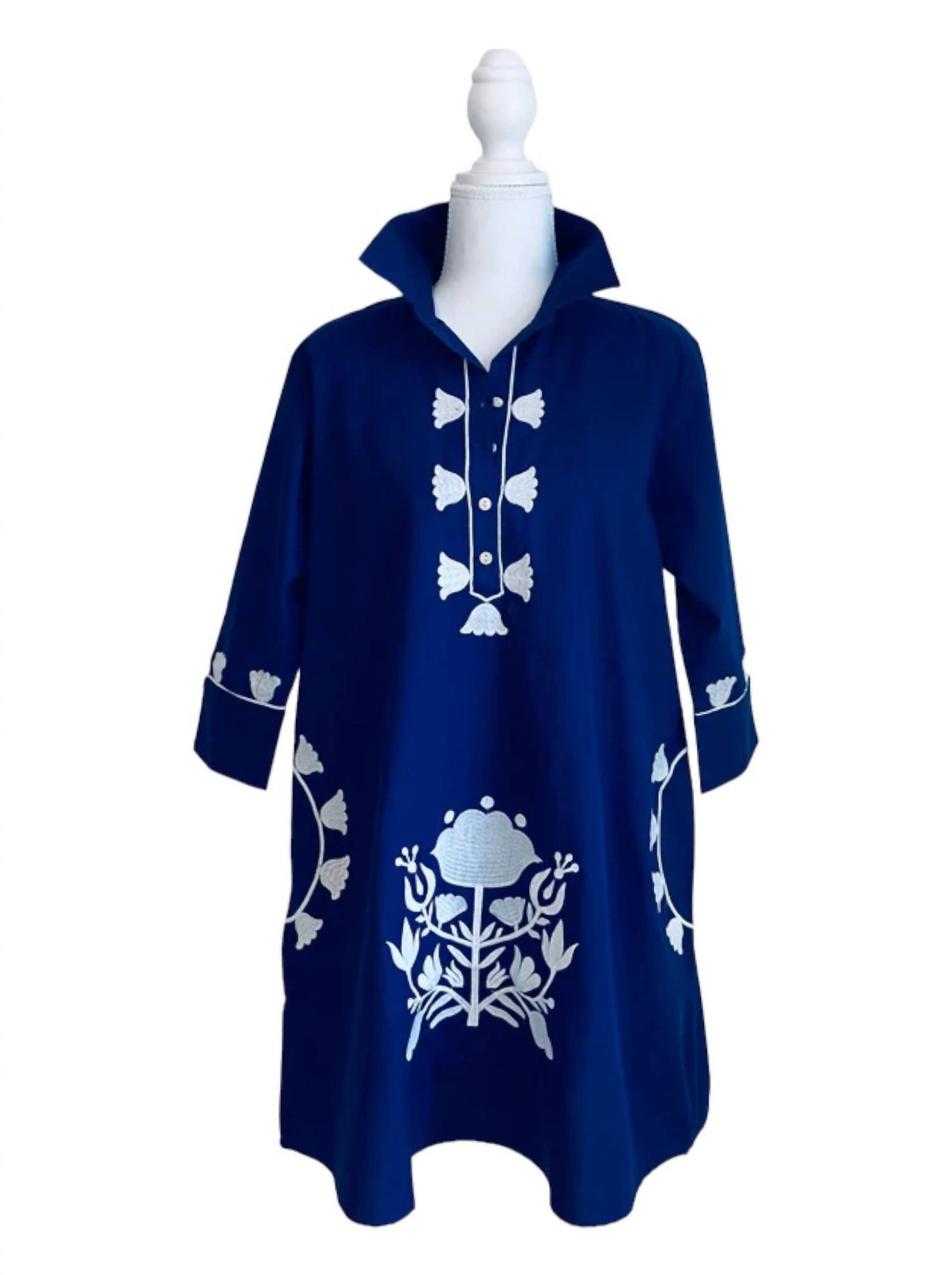 Camille besticktes Tunikakleid in Marineblau/Weiß