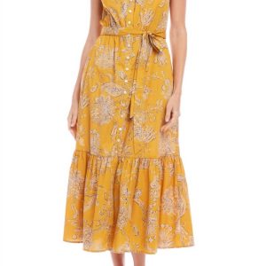 mit Blumenmuster gestreiftes Maxikleid im Print gelb 7764885831740