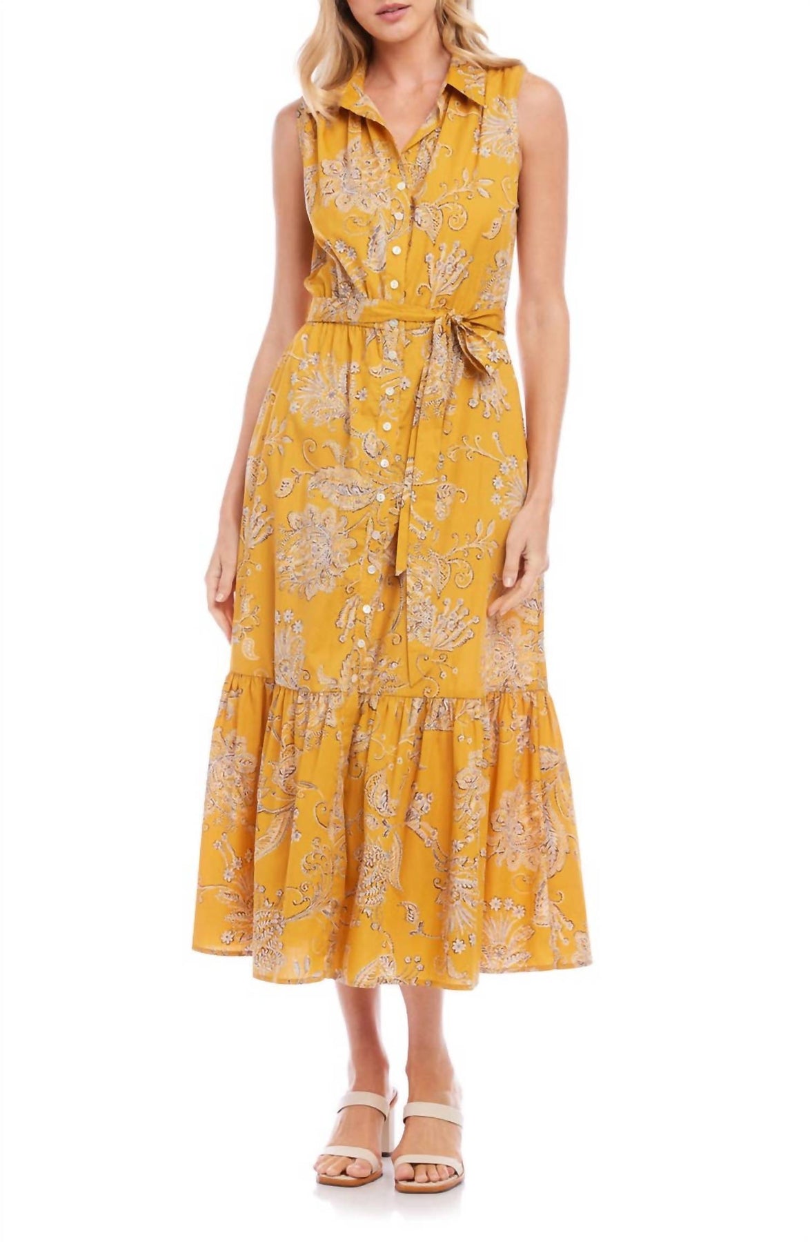 Mit Blumenmuster Belted Tiered Maxi Kleid mit Muster Gelb
