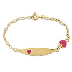 Mimi & Max Children’s rosa Emaille Herz Charme Link Kette id Armband in 14k Gelbgold – 6.5+0.5 in.