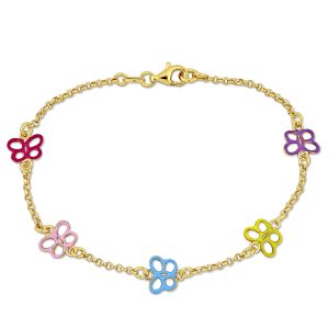 Mimi & Max Children’s Multi-color Enamel Butterfly Charm Link Chain Armband aus gelbem Sterling Silber – 7,5 in.