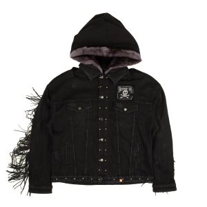 Schwarze Trucker-Jacke aus Denim mit Kapuze aus Fleetwood-Fell