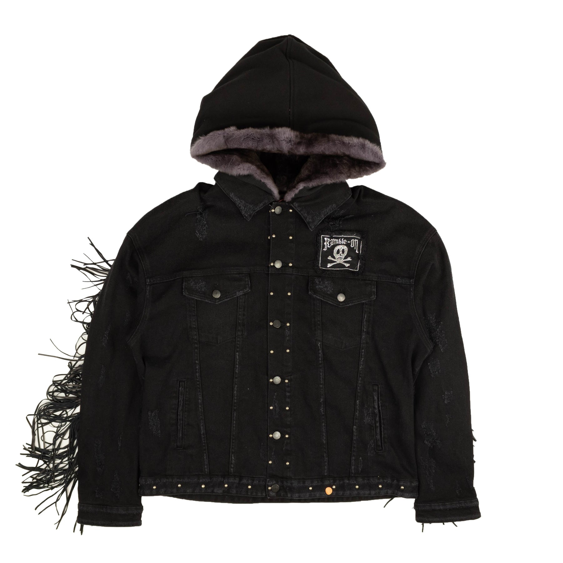 Schwarze Trucker-Jacke aus Denim mit Kapuze aus Fleetwood-Fell