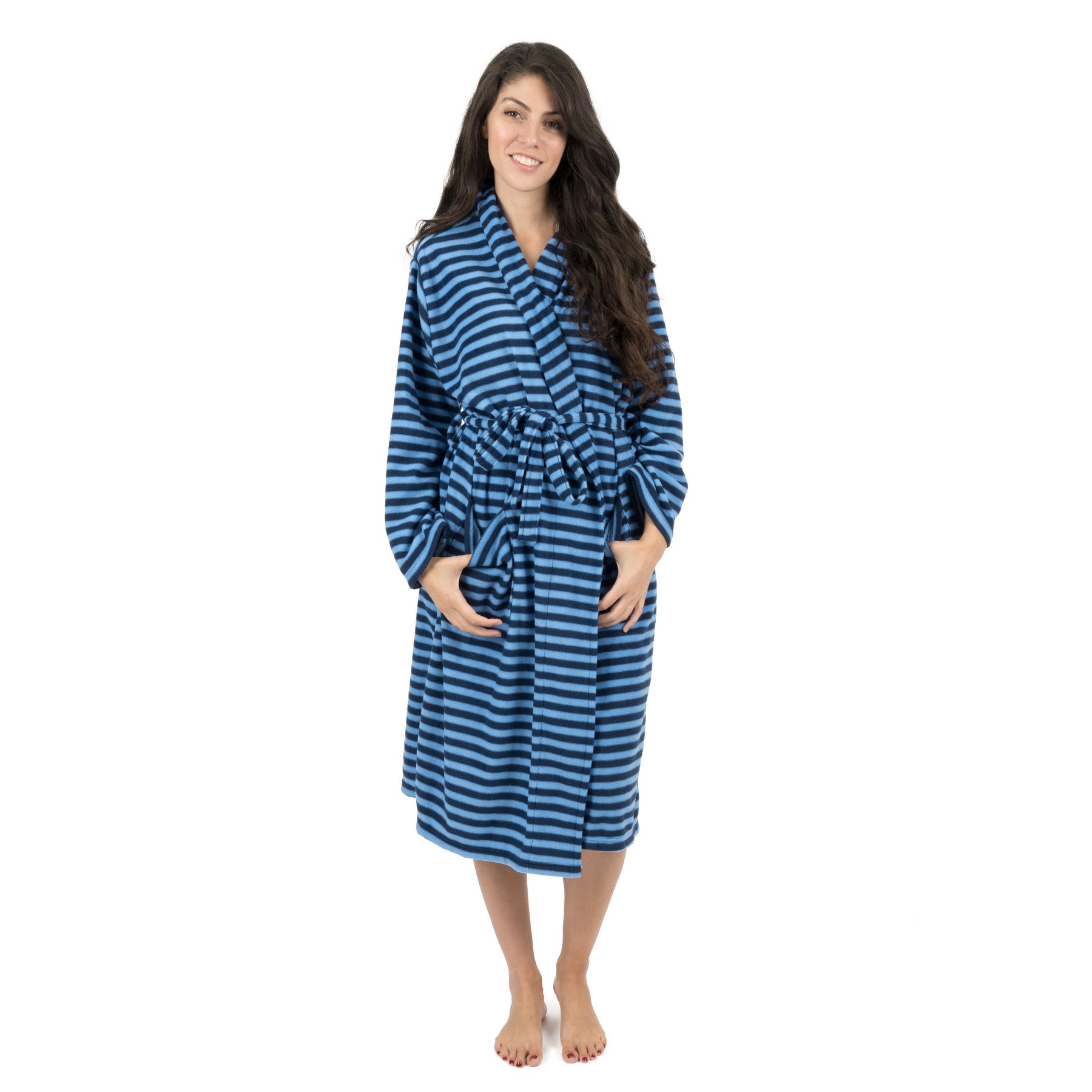Damen Fleece Bademantel Blau und Marine gestreift
