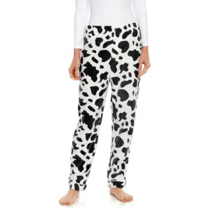 Damen Fleece Pyjama Hose Kuh Schwarz
