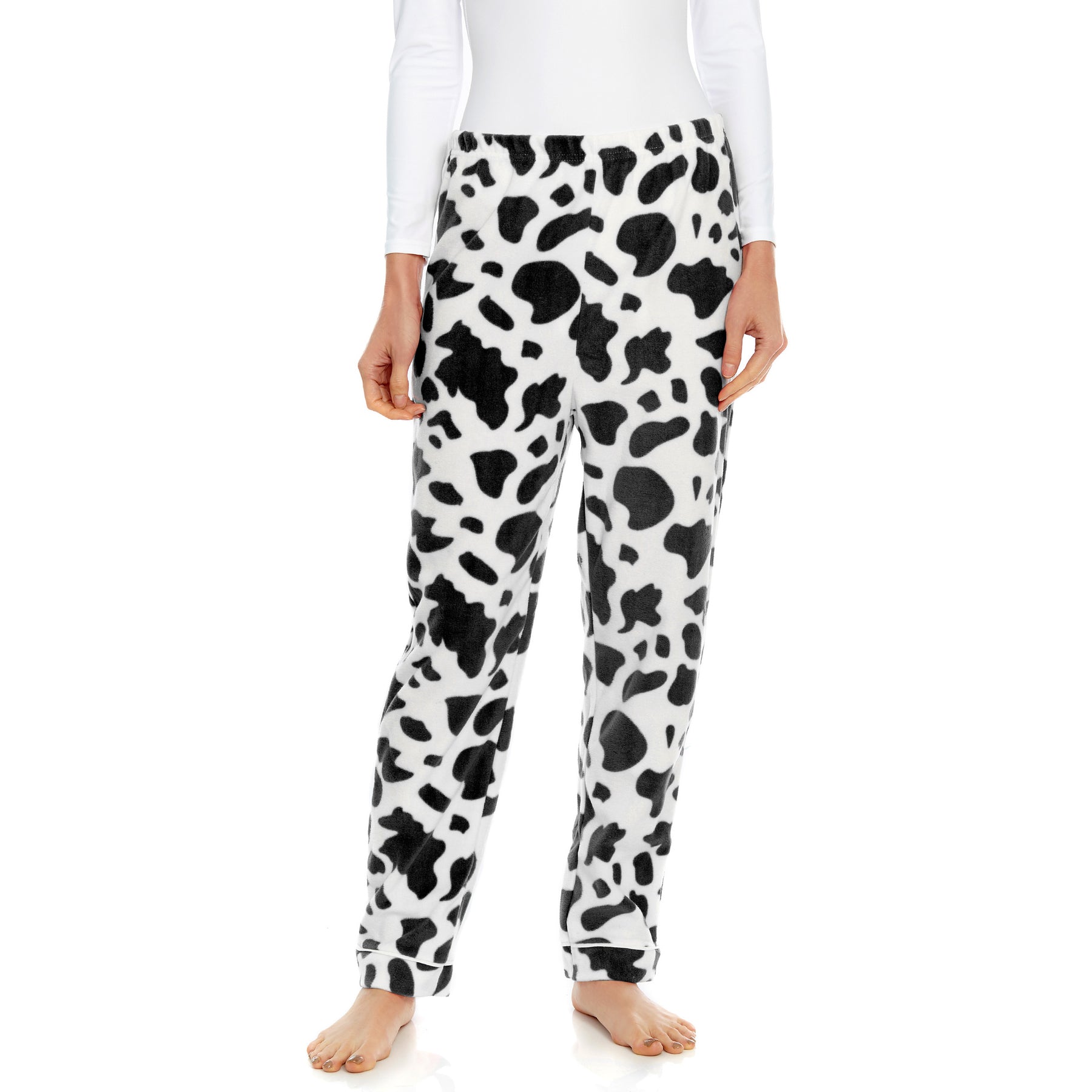 Damen Fleece Pyjama Hose Kuh Schwarz
