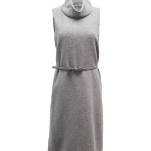 Max Mara Belted Turtle Neck ärmelloses Midikleid aus grauer Wolle