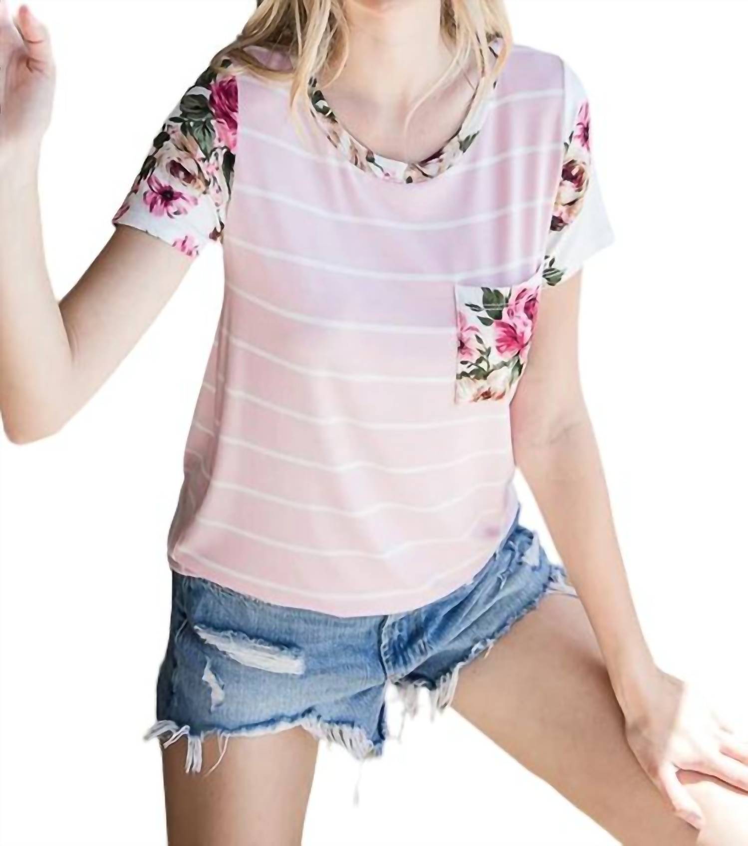 Mit Blumenmuster Stripe Tasche T-Shirt in Rosa