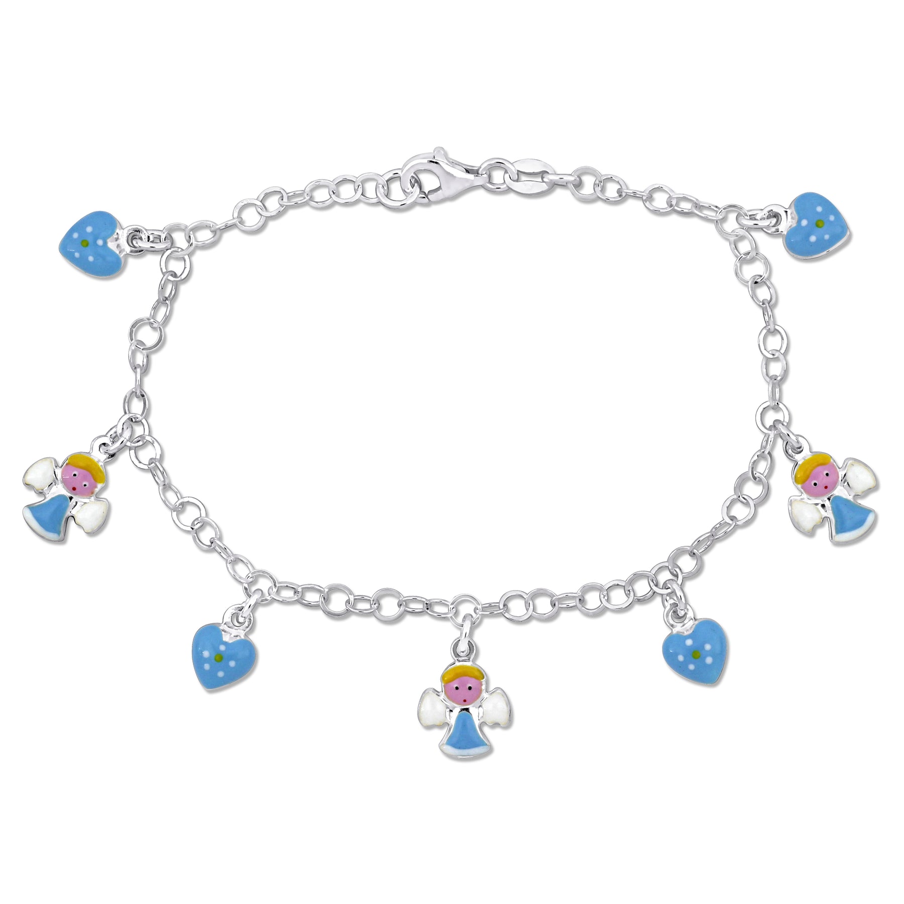 Mimi & Max Kinder weiß und blau Emaille Engel und Herz Charm Station Armband in Sterling Silber – 7.5 in