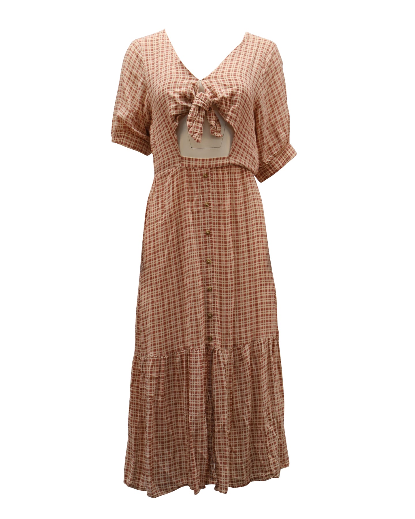 Faithfull Die Marke Maple Check-Tie Midi-Kleid vorne in Pastellrosa Viskose