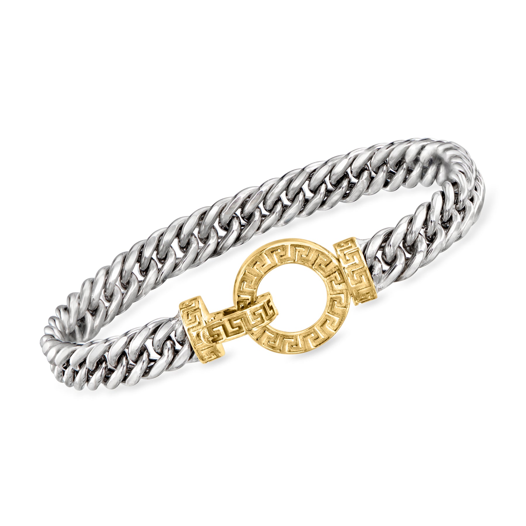 Ross-Simons Sterling Silber und 18kt Gold über Sterling Curb-Link Armband mit griechischen Schlüsselverschluss