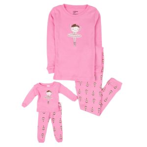 Mädchen und passende Puppe Baumwolle Pyjamas Ballerina hell rosa