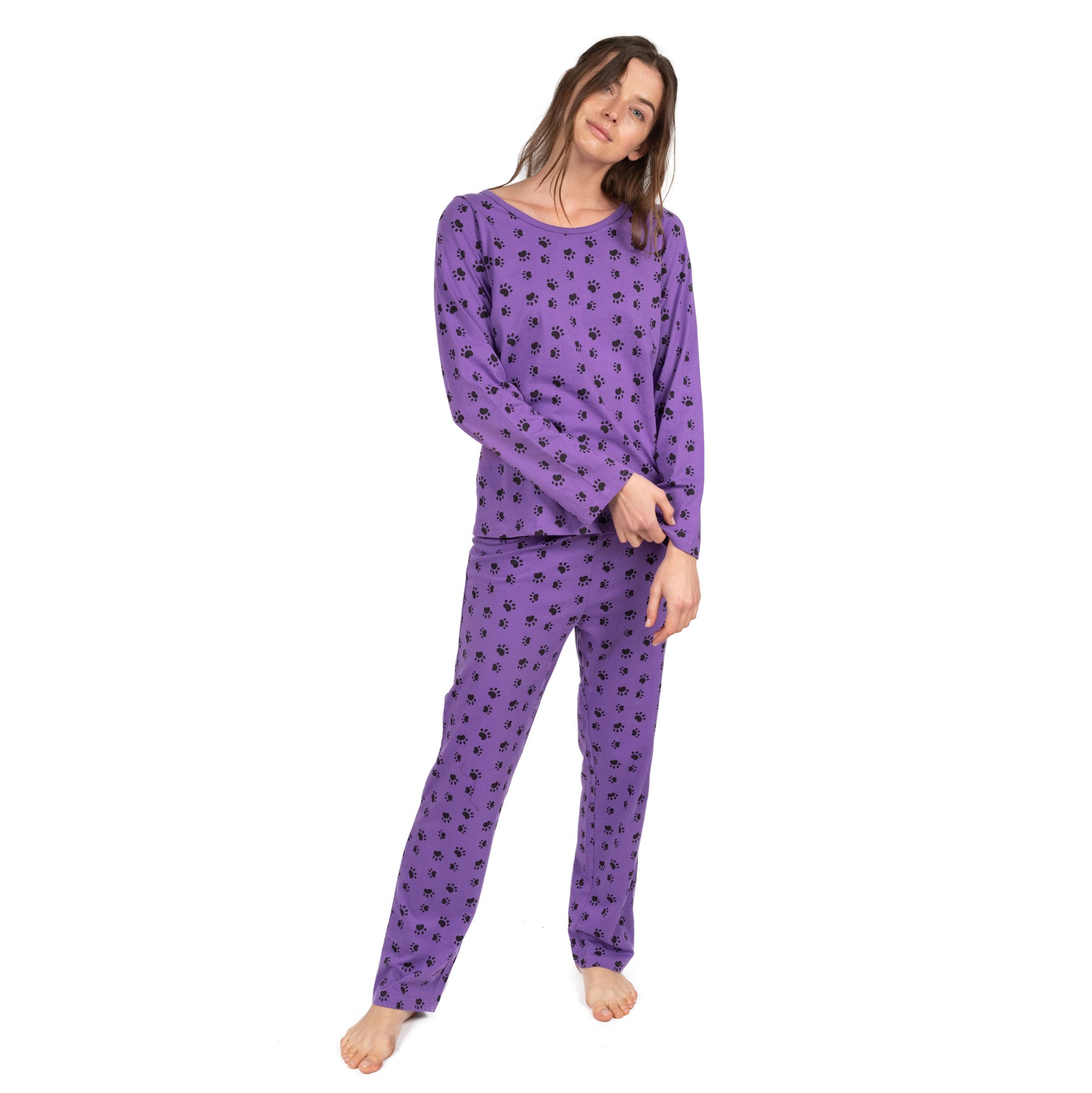Damen zweiteilige Baumwolle locker Fit Pyjamas Hundepfote lila