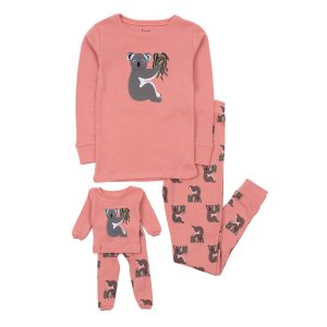 Mädchen und passende Puppe Baumwolle Pyjamas Koala rosa