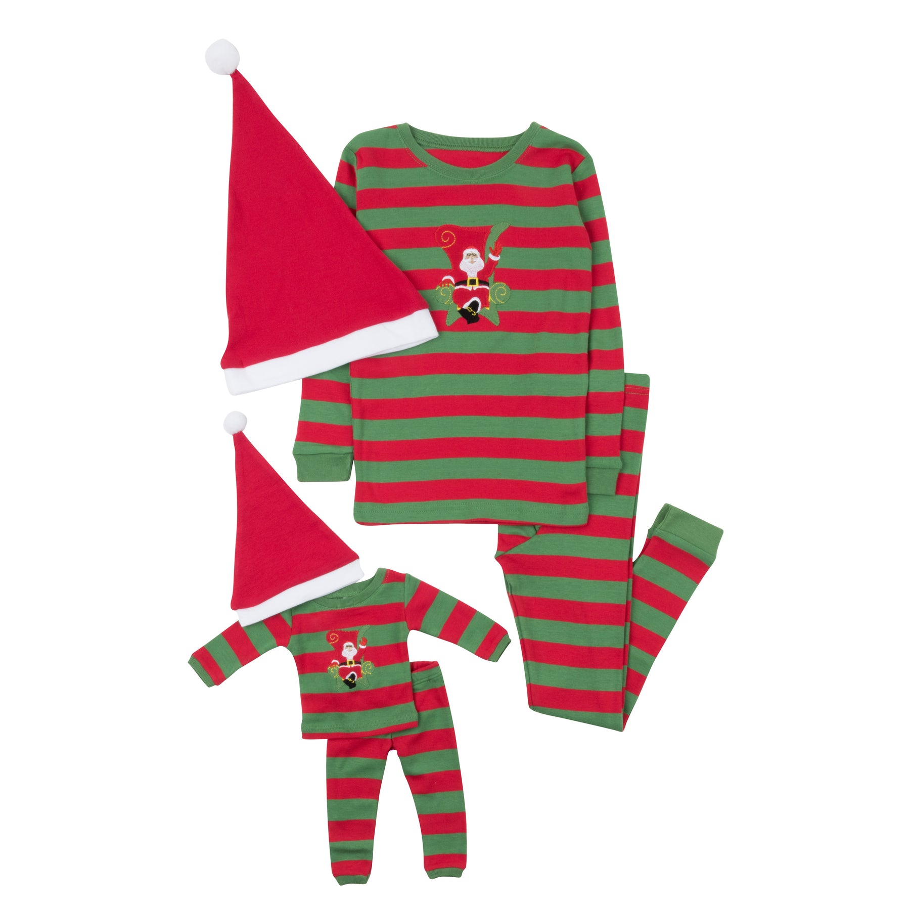 Weihnachten Mädchen und passende Puppe Baumwolle Pyjamas gestreift Santa Rot und Grün mit Hut