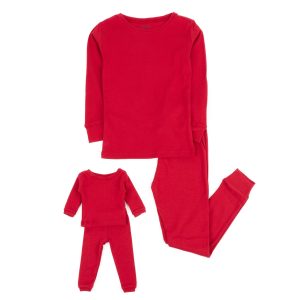 Mädchen und passende Puppe Baumwolle Pyjama solide rot