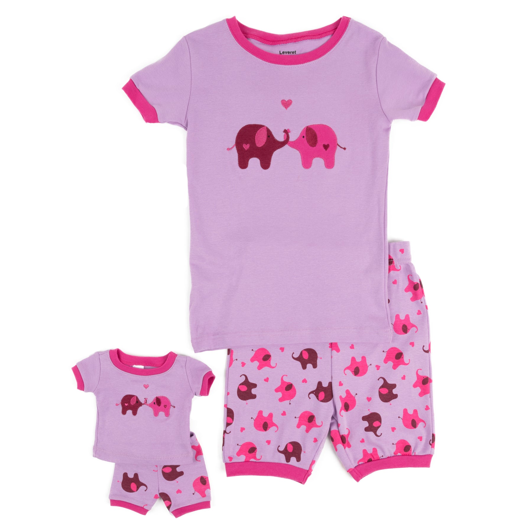 Mädchen und passende Puppe kurze Pyjamas Elefanten