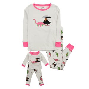 Mädchen und passende Puppe Baumwolle Pyjama Dinosaurier grau