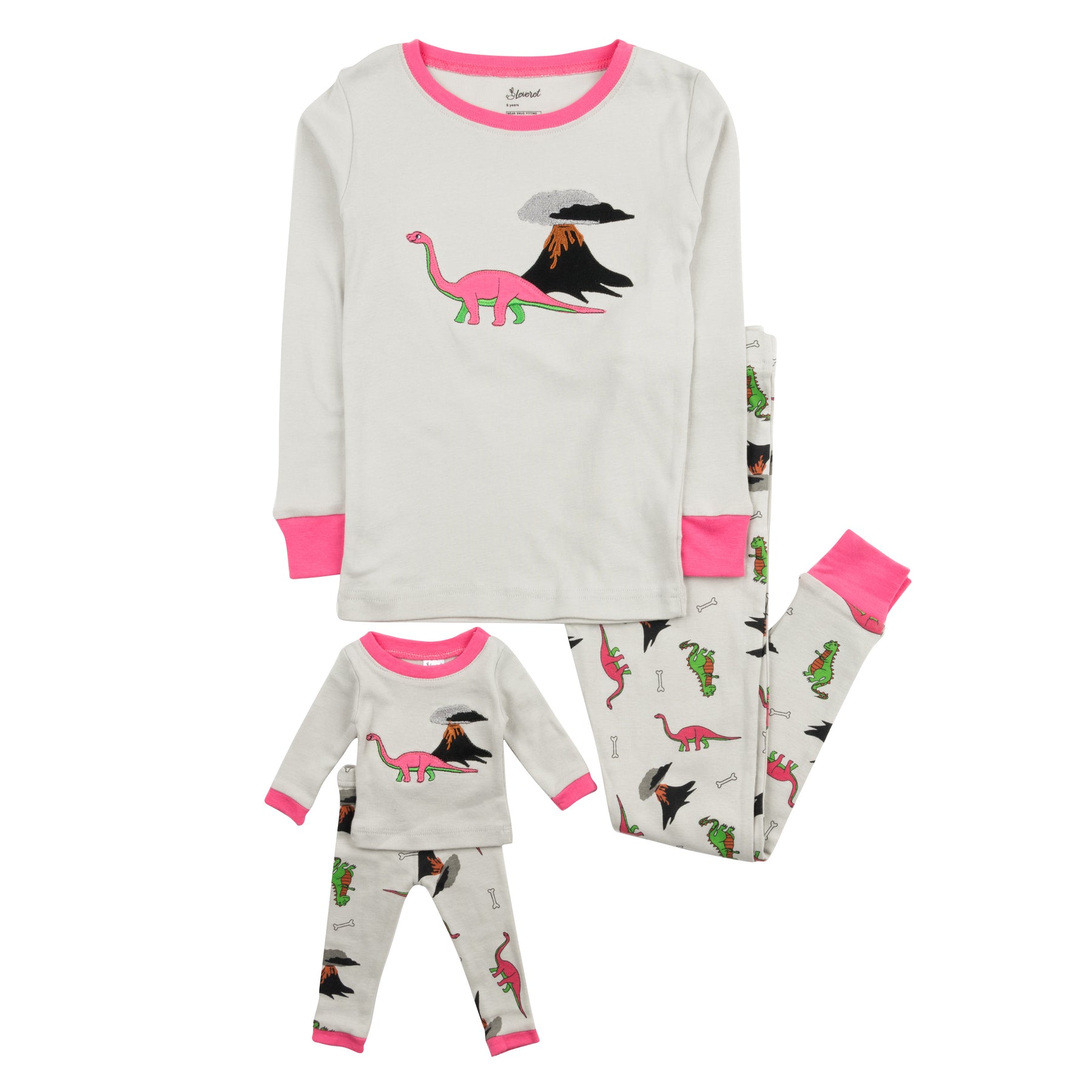 Mädchen und passende Puppe Baumwolle Pyjamas Dinosaur Grau