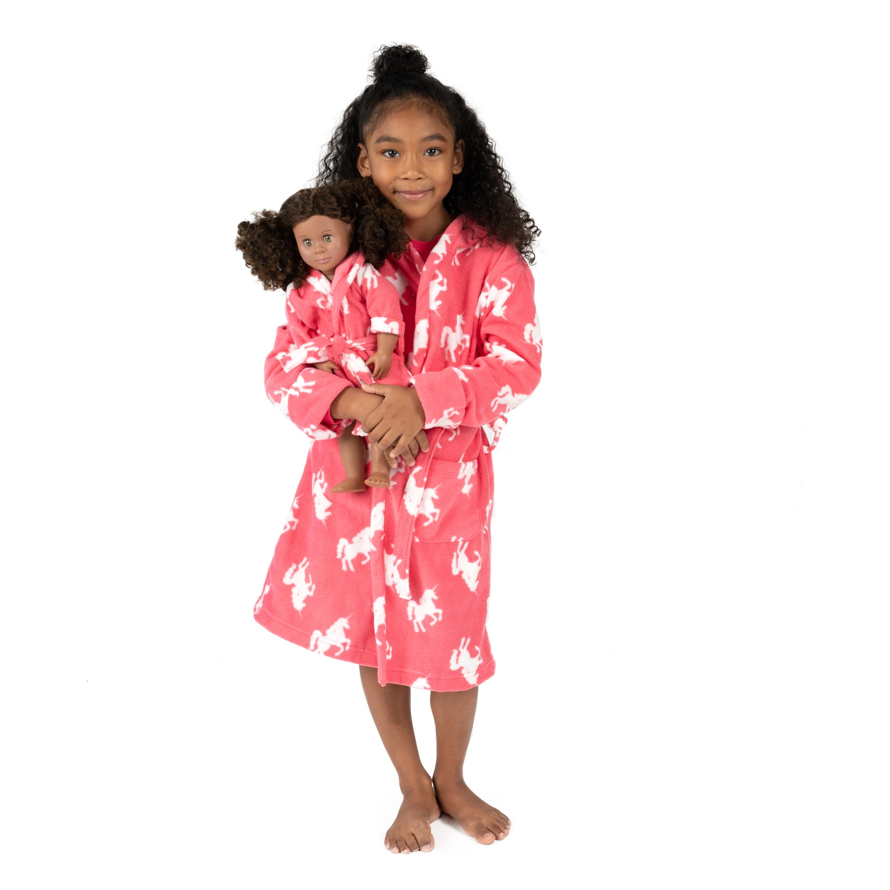 Weihnachtsmädchen und passende Puppe Fleece mit Kapuze Bademantel Einhorn