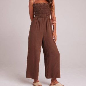 Weites Bein Smocked Rüschen Jumpsuit im botanischen Braun
