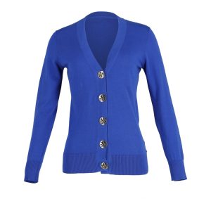 Tory Burch Strickjacke mit goldenem Knopf in blauer Wolle