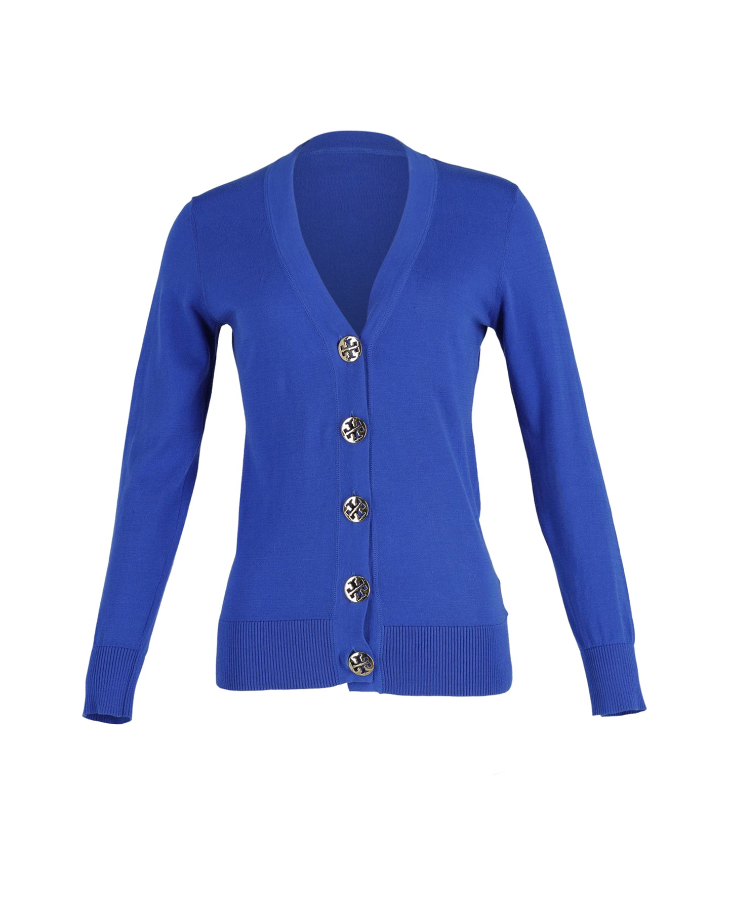 Tory Burch Strickjacke mit goldenen Knöpfen aus blauer Wolle