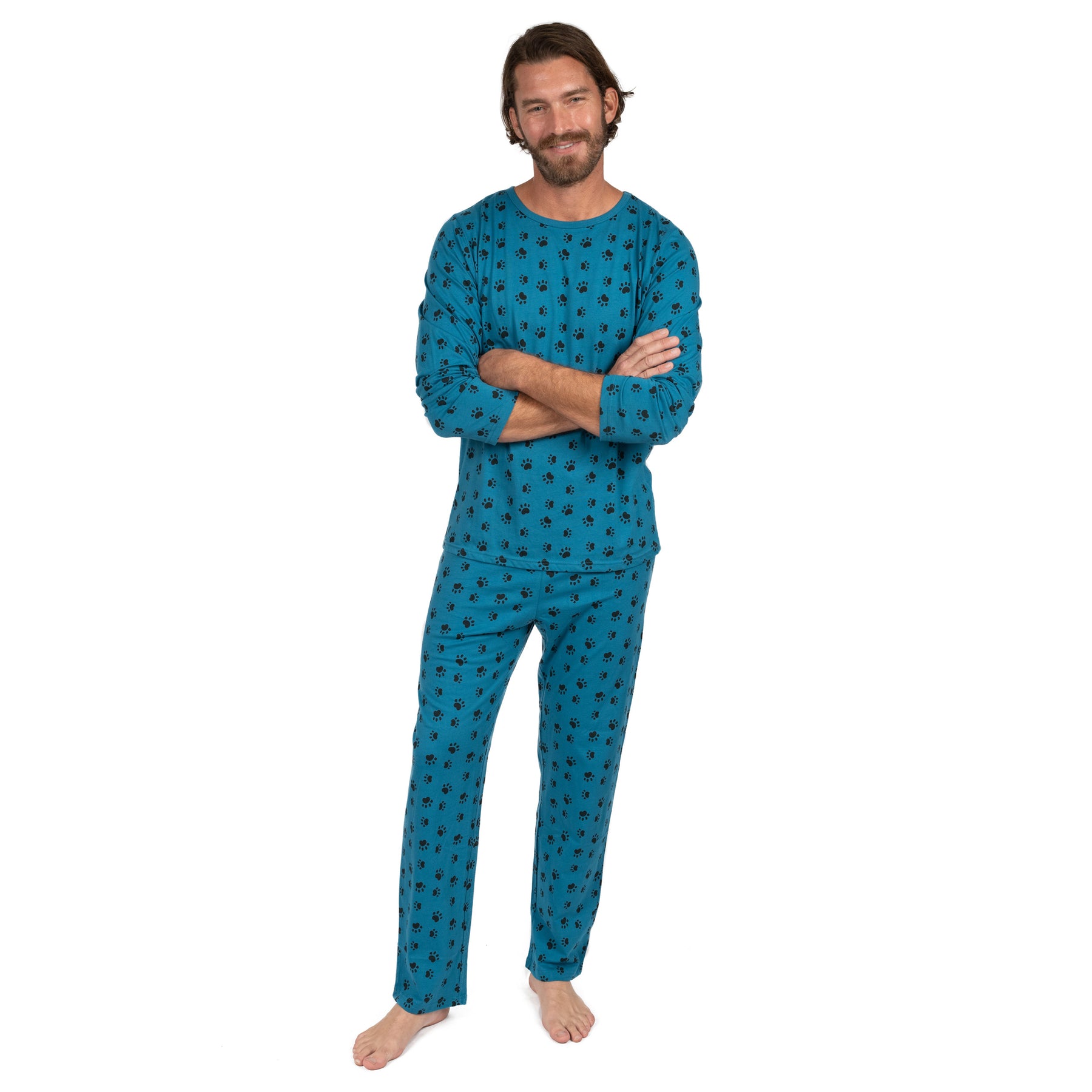Herren zwei Stück Baumwolle lose Fit Pyjamas Hund Pfote blau