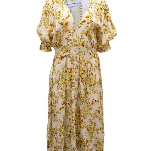 Faithfull The Brand Rafa Blumen-Druck Knopf-vorne Puff Ärmel Midikleid in weiß Rayon 7764991901756