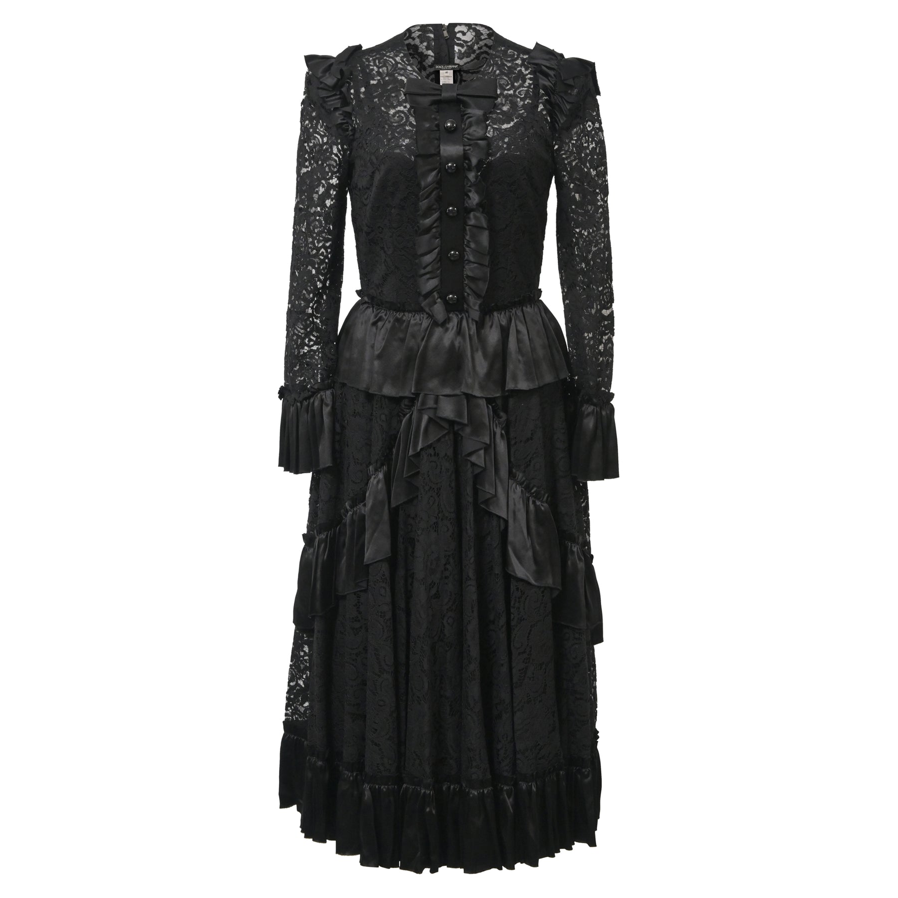 Dolce & Gabbana Midikleid aus Spitze mit Rüschendetail in Schwarz Polyamid