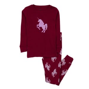 Kinder zwei Stück Baumwolle Pyjamas Einhorn Maroon
